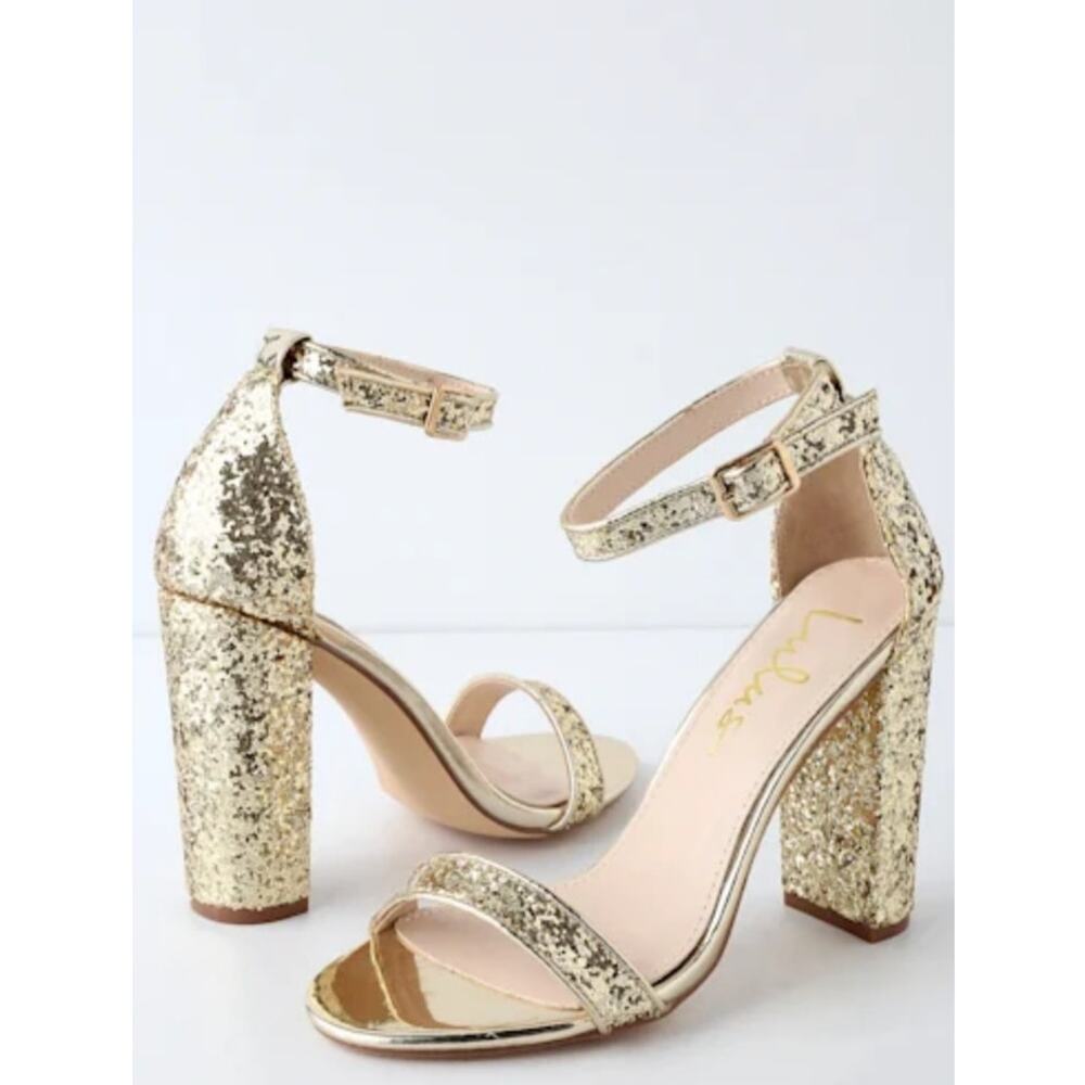 Lulus Taylor Gold Glitter Ankle Strap Heels Size 6.5